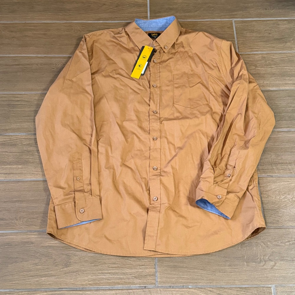 Lee Mens Regular Fit Long Sleeve Button Down Shirt Brown Cotton XL NWT